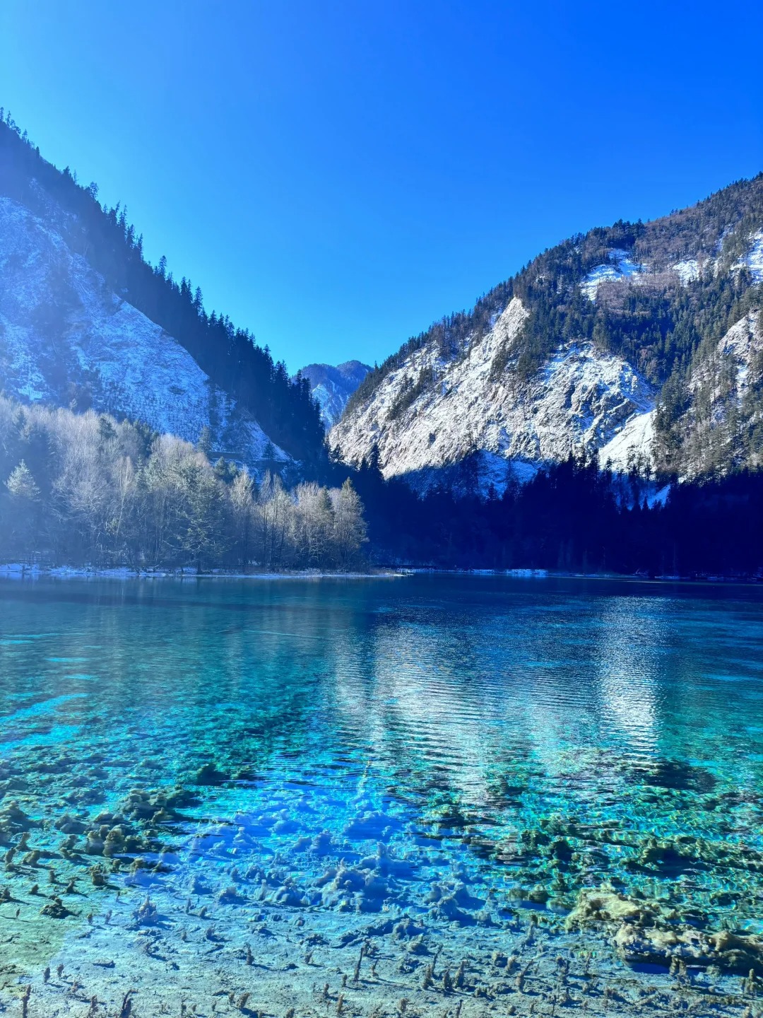 Winter view of Jiuzhaigou National Park — clear blue lake with snow-covered mountains — one of China’s top natural wonders — PandaPower Travel