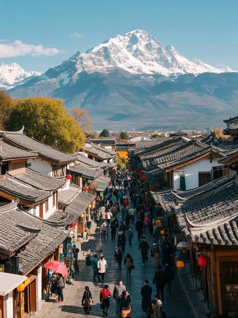 Lantern-lit alleys and traditional rooftops of Lijiang Old Town at dusk