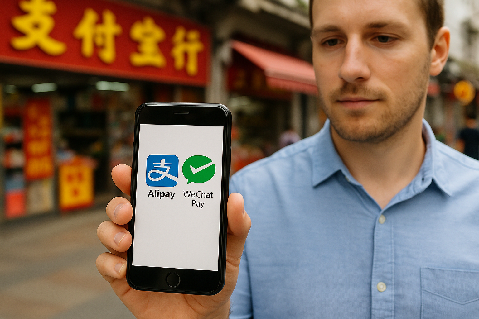 外国游客在中国使用支付宝和微信支付进行支付 - PandaPower 旅游博客