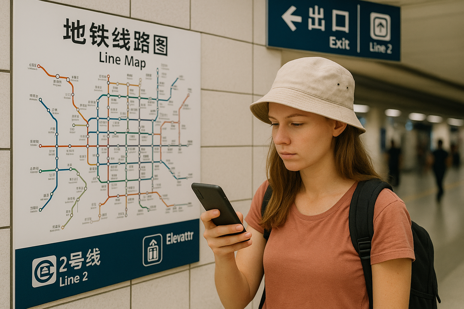 外国游客在有双语标识的北京地铁站使用翻译应用程序。