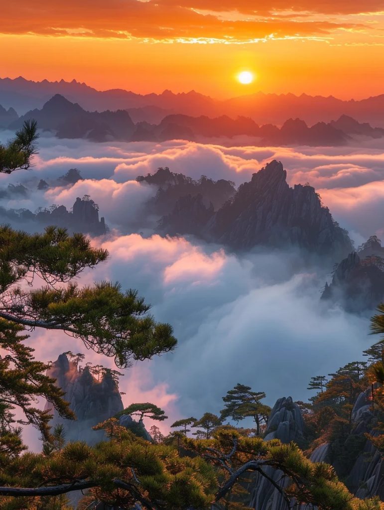 Early morning sunrays breaking through the clouds above jagged peaks—one of the most magical moments every visitor to Mount Huangshan dreams of witnessing.