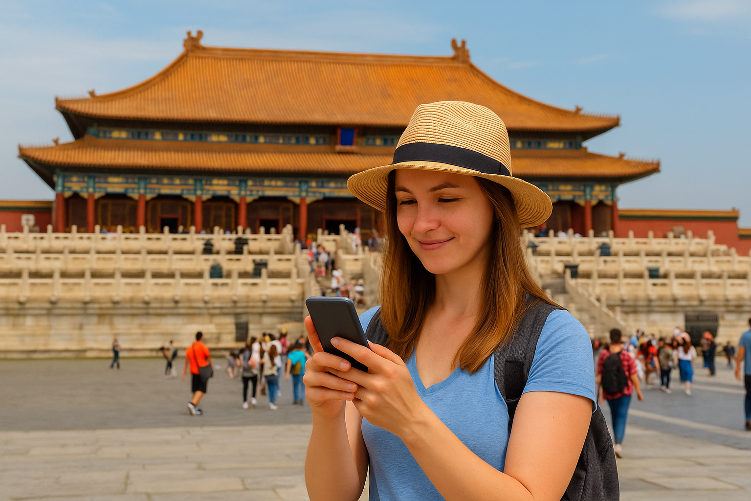 外国游客在北京故宫使用智能手机 - 在中国保持联系 - PandaPower Travel