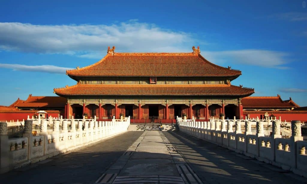 Taihe Hall in the Forbidden City, Beijing, seen from the central courtyard axis under a bright blue sky