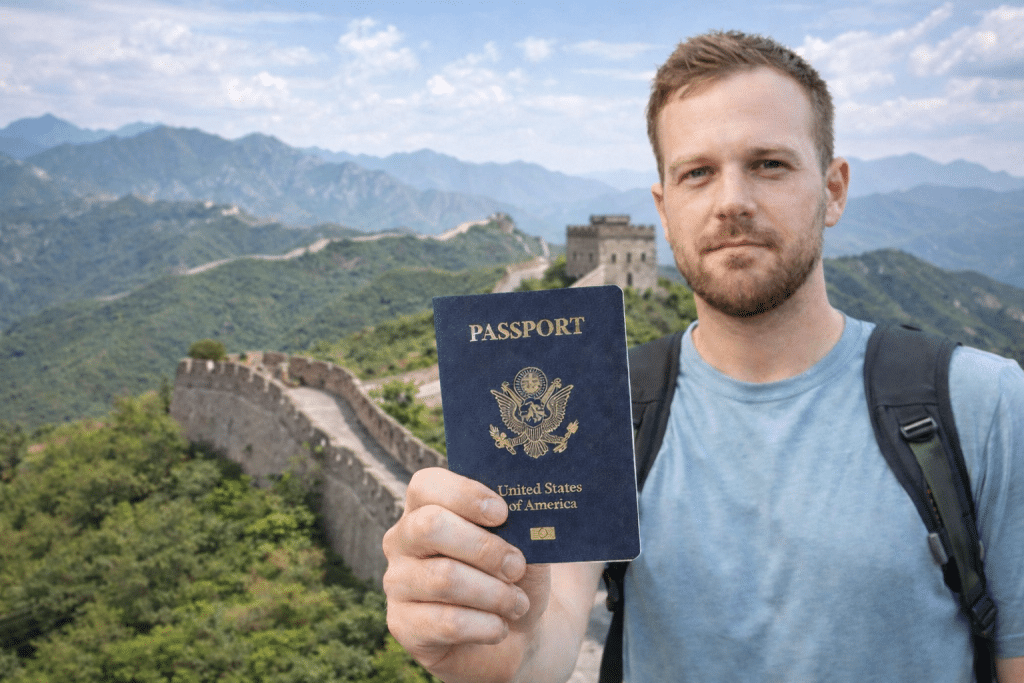 Foreign traveler holding a passport at the Great Wall of China, used for China travel registration guide