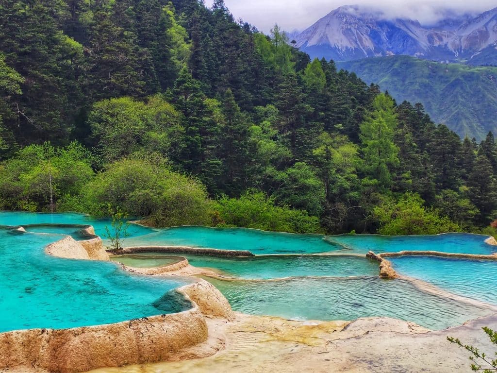 Jiuzhaigou turquoise pools and mountain landscape in Sichuan China