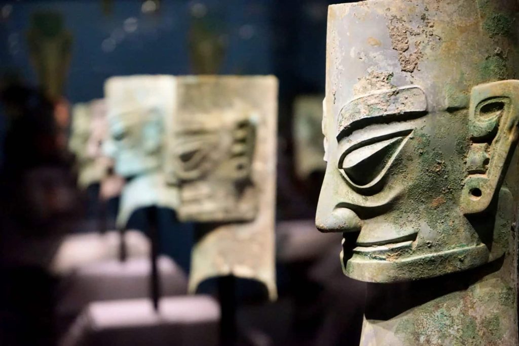 A bronze mask sculpture from Sanxingdui, representing the ancient Shu civilization near Chengdu