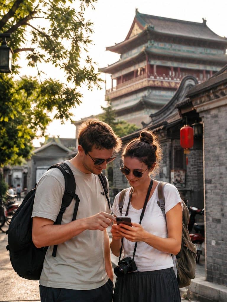 Foreign travelers using a smartphone while exploring a historic street in China without speaking Chinese