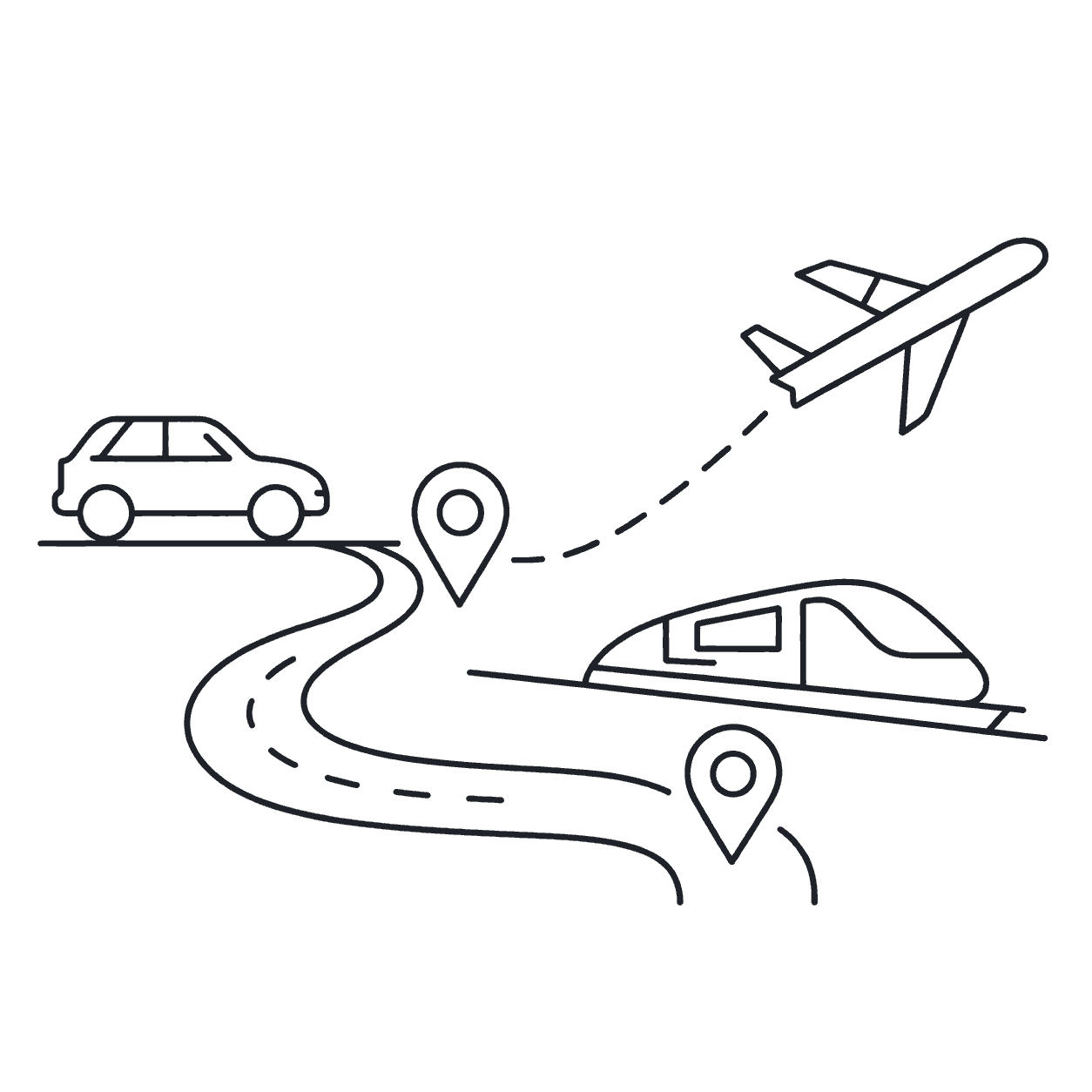 Line illustration of a car, train and aircraft linked by a travel route