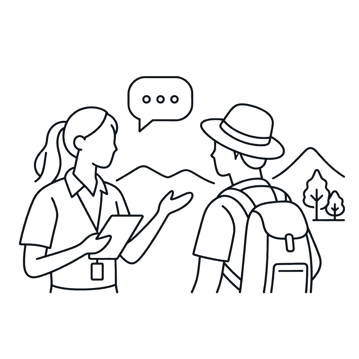 Line illustration of a guide assisting a traveler