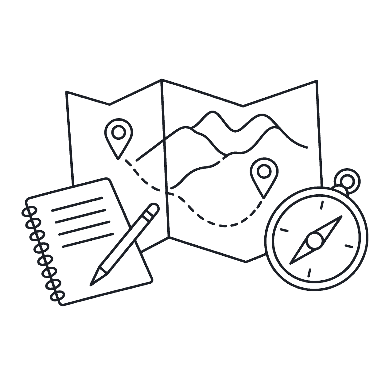 Line illustration of a map, route markers and a compass for private trip planning
