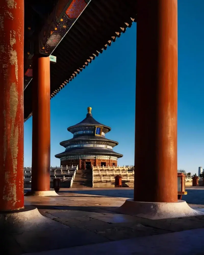 Temple of Heaven framed by red columns in Beijing
