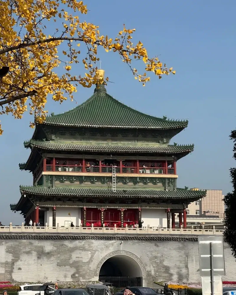Xi’an Bell Tower framed by autumn foliage