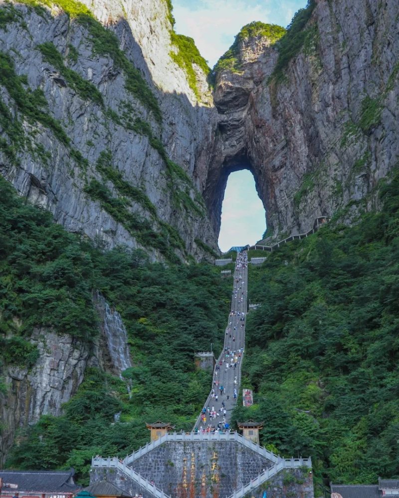 The long staircase rising to Tianmen Cave, a natural opening in the cliffs of Tianmen Mountain, Zhangjiajie