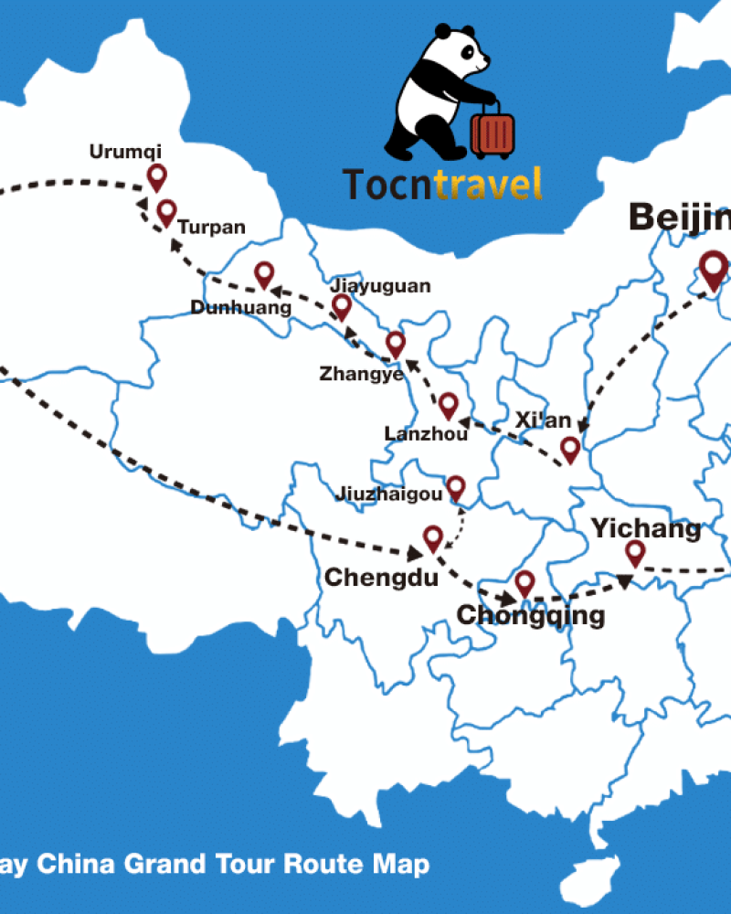 Route map for a 30-day private China grand tour covering Beijing, Xi’an, the Silk Road, Chengdu, Jiuzhaigou, the Yangtze River and Shanghai