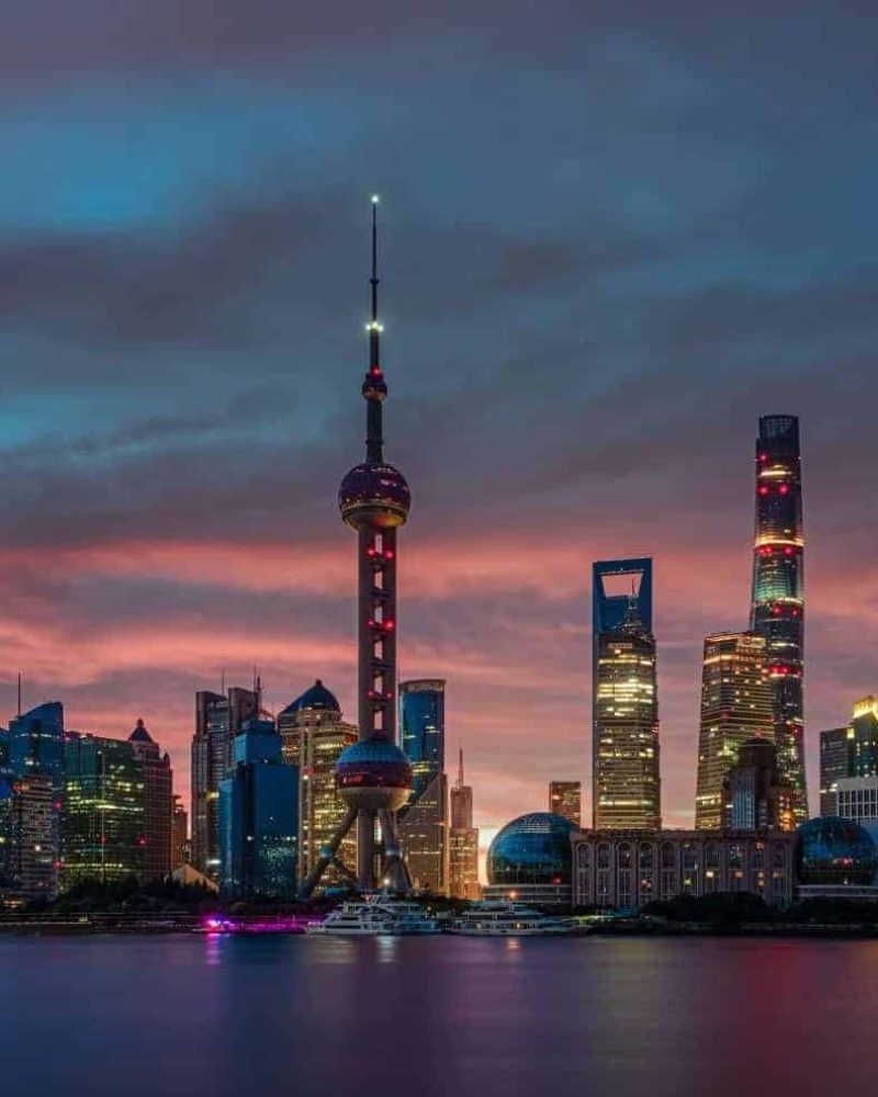 Lujiazui skyline at sunset across the Huangpu River in Shanghai