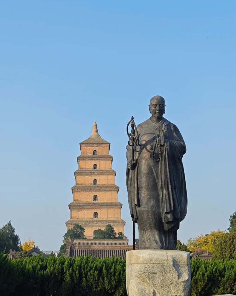 The ancient seven-story brick Big Wild Goose Pagoda in Xi'an towering against a clear blue sky