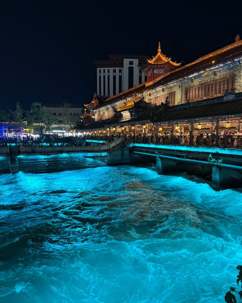 Nanqiao Bridge lit at night in Dujiangyan near Chengdu