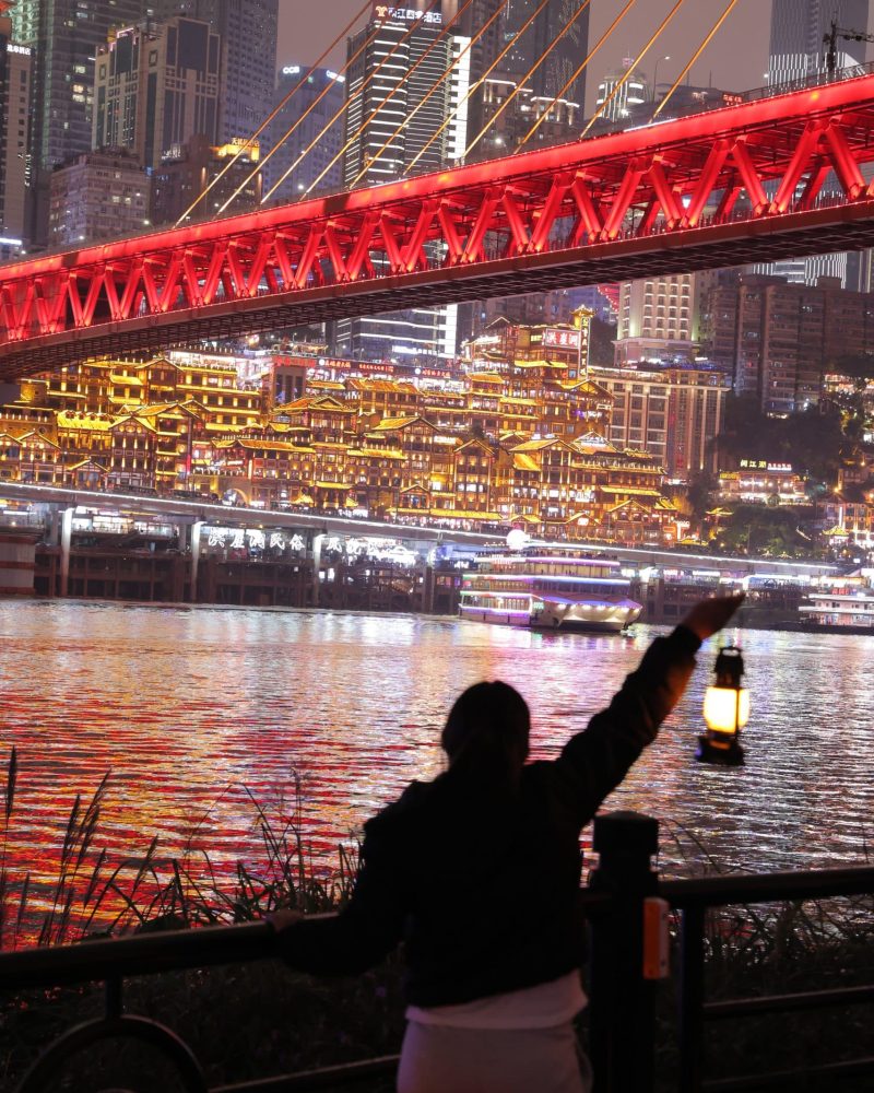 Night view of Chongqing Hongya Cave and Yangtze River, a highlight of a private China tour in Chongqing