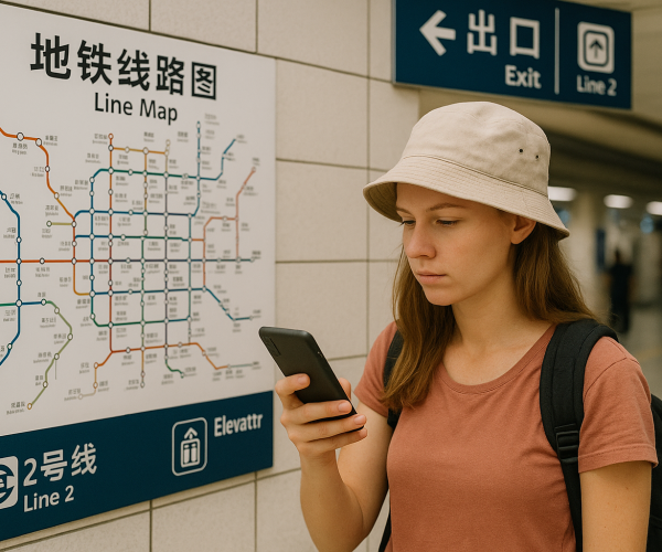 外国游客在有双语标识的北京地铁站使用翻译应用程序。
