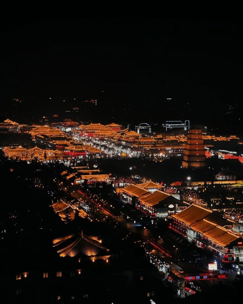 The illuminated streets of Grand Tang Ever Bright City in Xi’an at night