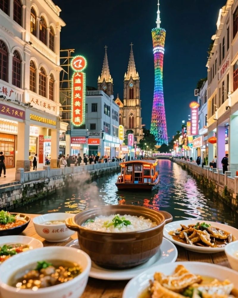 Pearl River night view with Canton Tower and traditional Cantonese food in Guangzhou during a private China tour