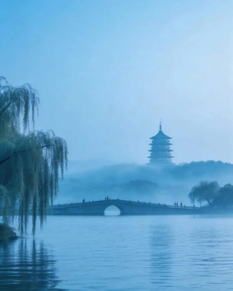 West Lake in Hangzhou with Leifeng Pagoda in the distance