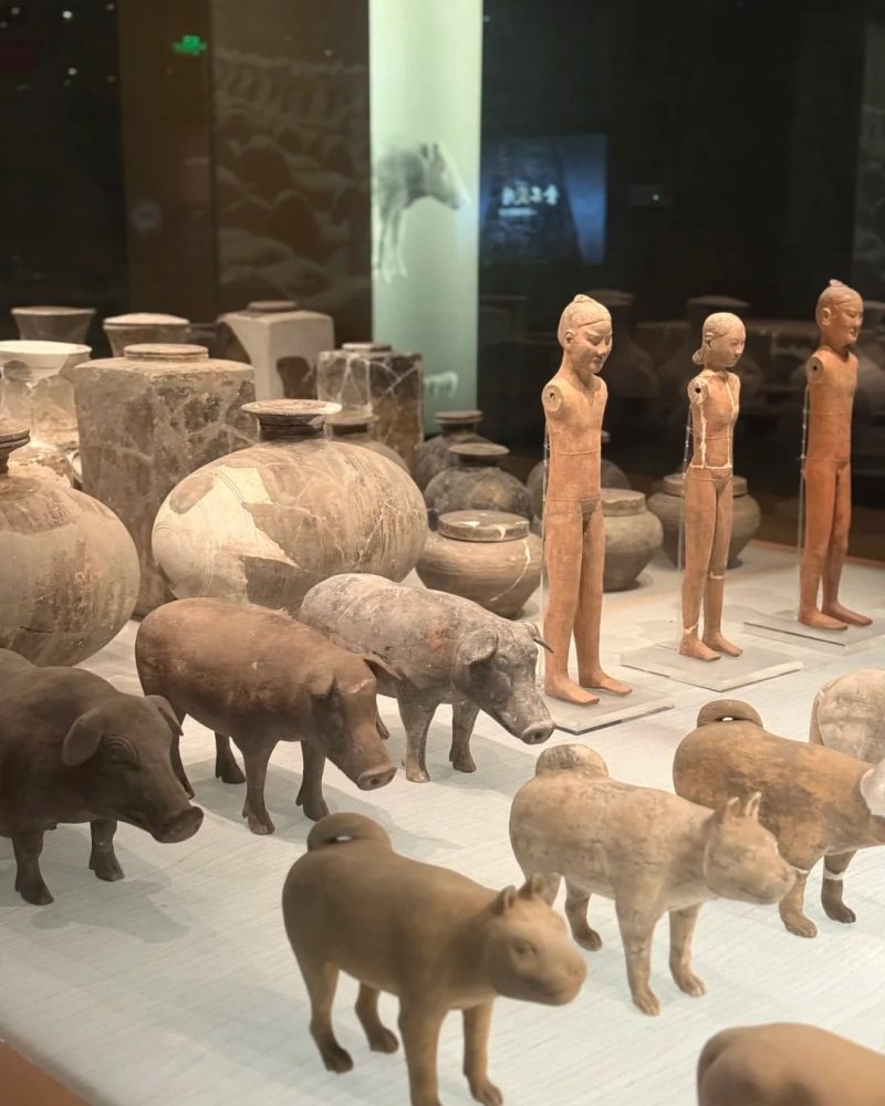 Ancient pottery pigs, dogs, and armless figurines displayed at the Han Yang Ling Mausoleum Museum in Xi'an.