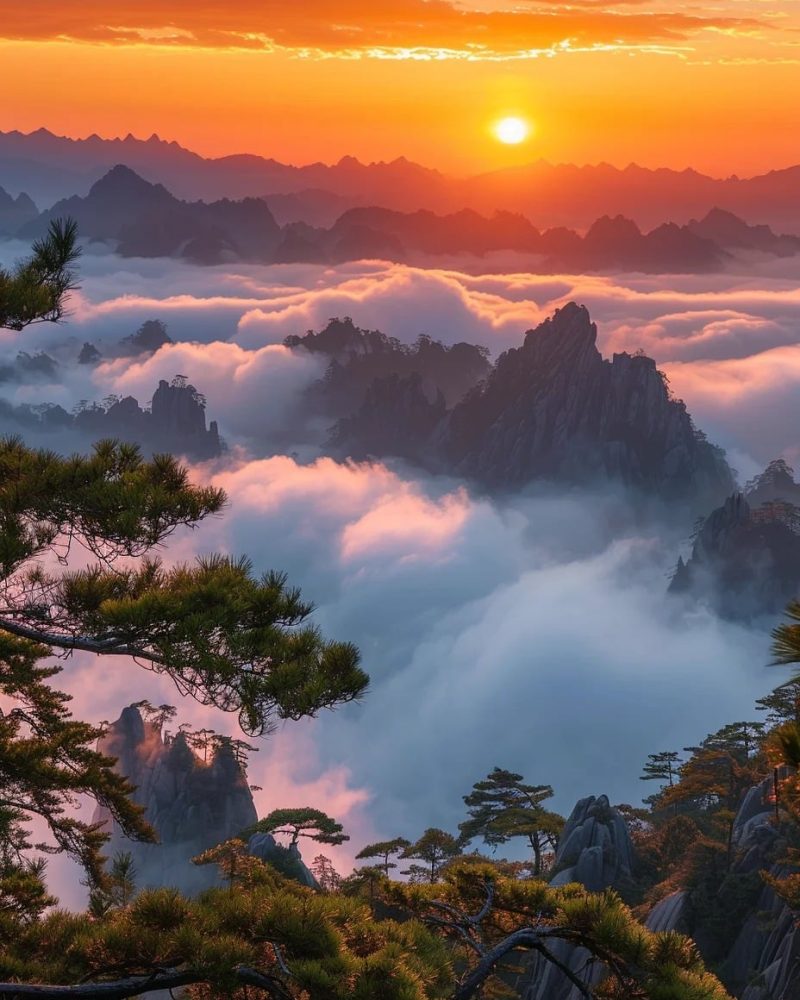Sunrise over the sea of clouds in Huangshan Mountains during a private China tour