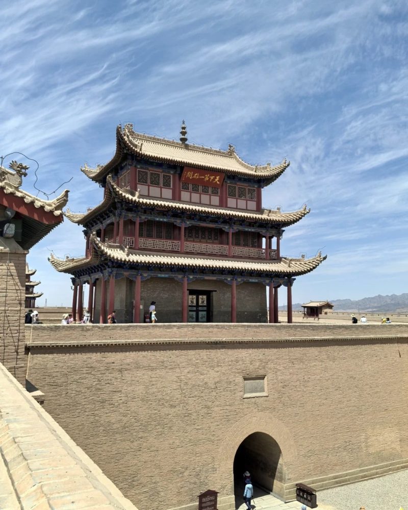 The majestic gate tower of the Jiayuguan Pass fortress, the western end of the Ming Dynasty Great Wall in Gansu province.