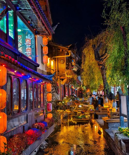 Charming Canal in Lijiang with Red Lanterns
