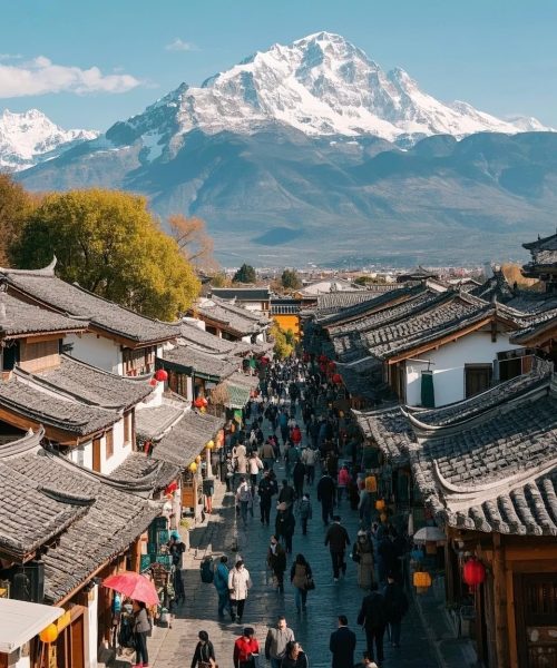 Lantern-lit alleys and traditional rooftops of Lijiang Old Town at dusk