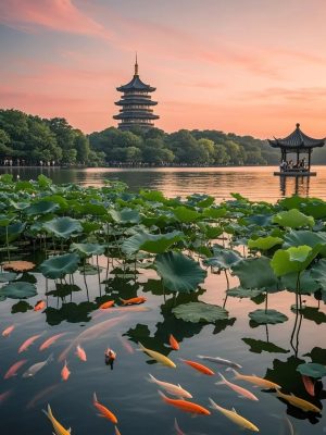Colorful koi fish swimming beneath lotus leaves with Leifeng Pagoda in the background at sunset.
