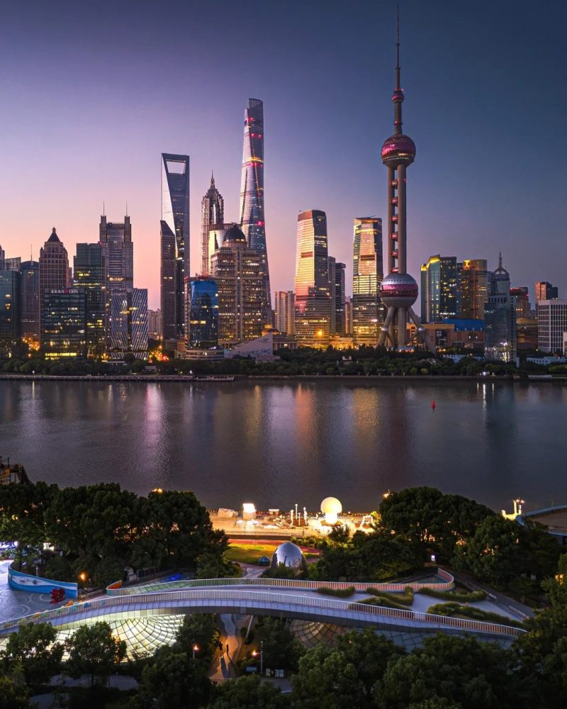 Lujiazui skyline across the Huangpu River at dusk in Shanghai