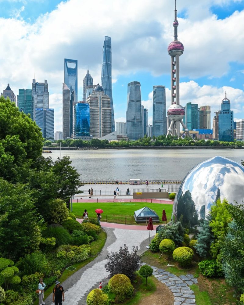 Pudong skyline and Oriental Pearl Tower across the Huangpu River in Shanghai