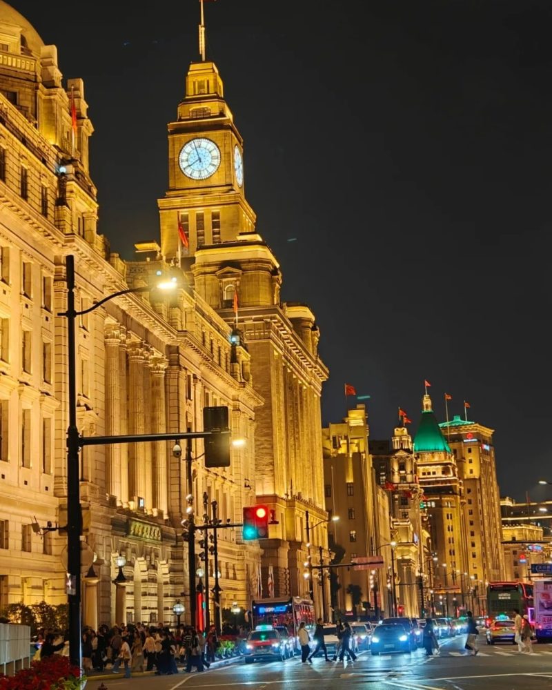 The Bund at night with historic waterfront buildings in Shanghai