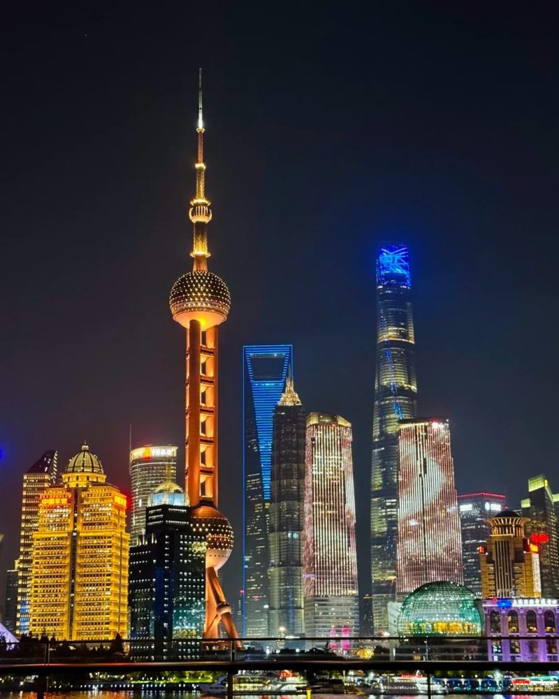 The Bund night view with Pudong skyline and Oriental Pearl Tower in Shanghai