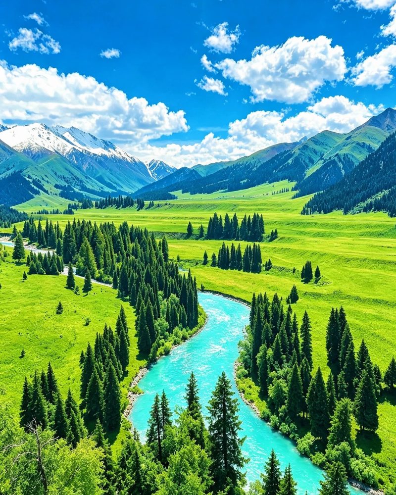 Tangbula Hundred-Mile Gallery with turquoise river, spruce forests and mountain grasslands in Ili, Xinjiang