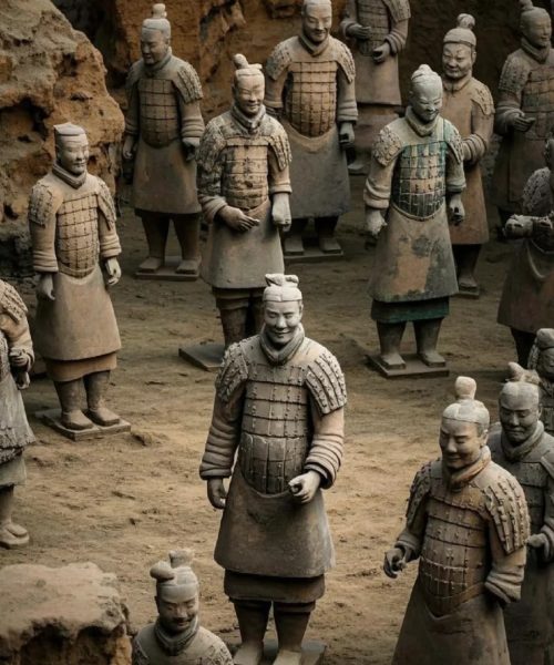 Terracotta Warriors discovered near Xi’an, China, standing silently in battle formation.