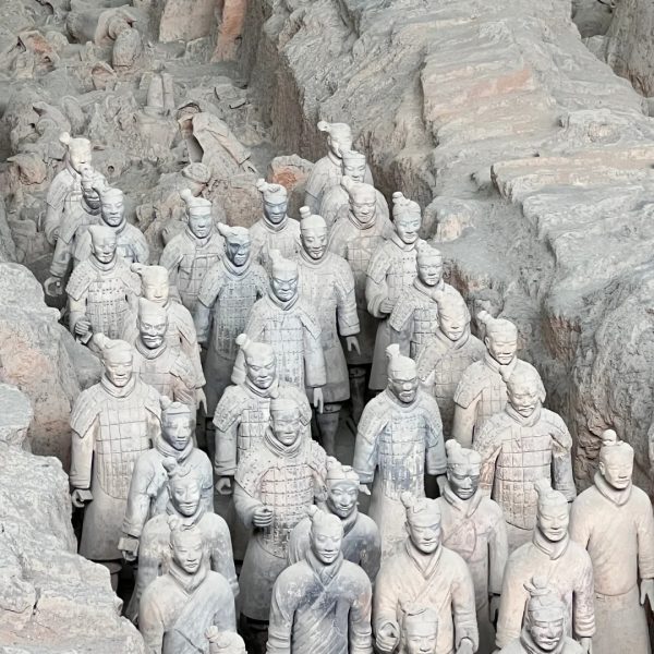 A close-up image of the Terracotta Warriors in Pit 1, showing detailed craftsmanship of the 2,000-year-old clay soldiers in the Mausoleum of Emperor Qin Shi Huang in Xi’an, China.