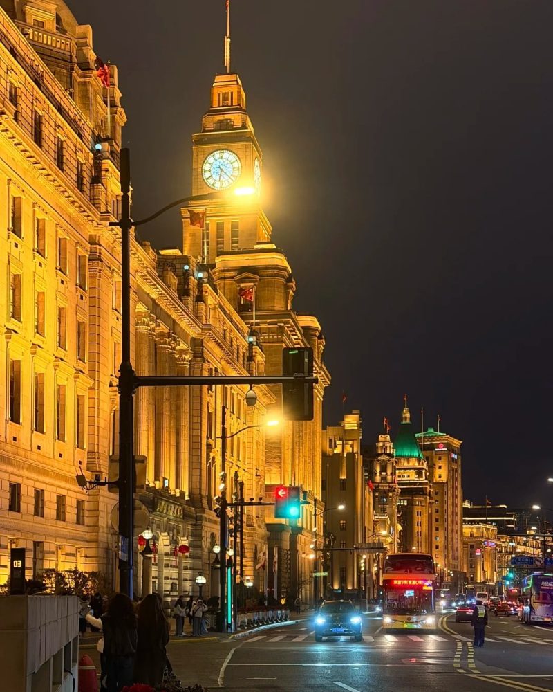 Historic buildings along the Bund in Shanghai, China, lit up at night
