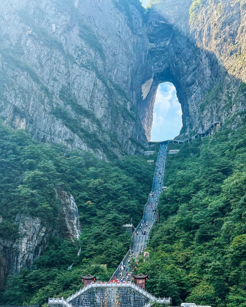 Heaven Gate at Tianmen Mountain in Zhangjiajie with a long stairway through the cliff