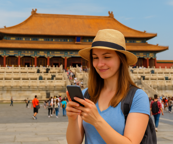 外国游客在北京故宫使用智能手机 - 在中国保持联系 - PandaPower Travel