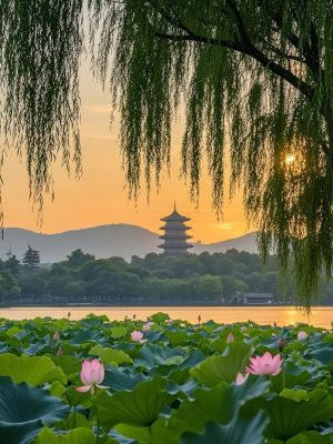 Weeping willows framing a golden sunset over West Lake with distant Leifeng Pagoda.