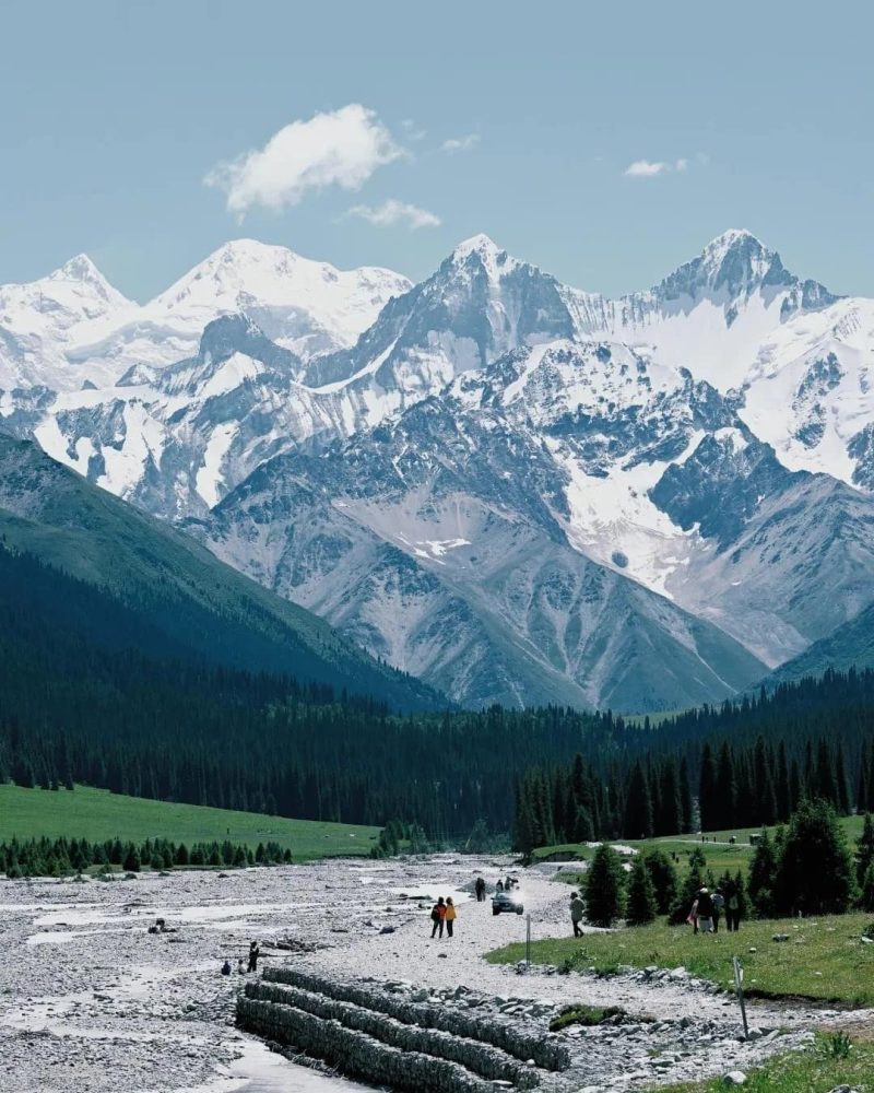 Snow-covered Tianshan peaks above Xiata Ancient Trail in Zhaosu, Xinjiang