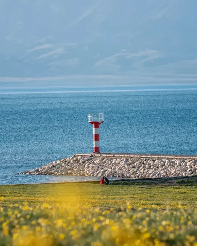 Red-and-white lakeside beacon beside blue Sayram Lake, with yellow wildflowers and mountains in the distance.