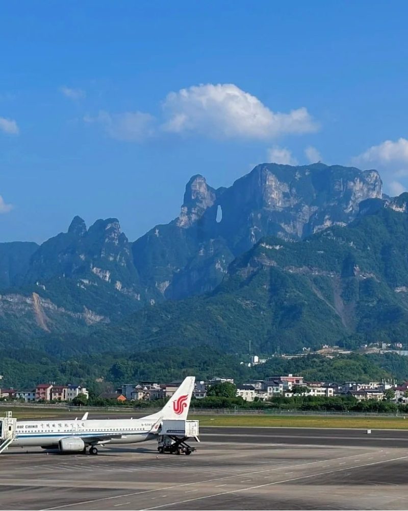 Zhangjiajie arrival view toward Tianmen Mountain and Tianmen Cave