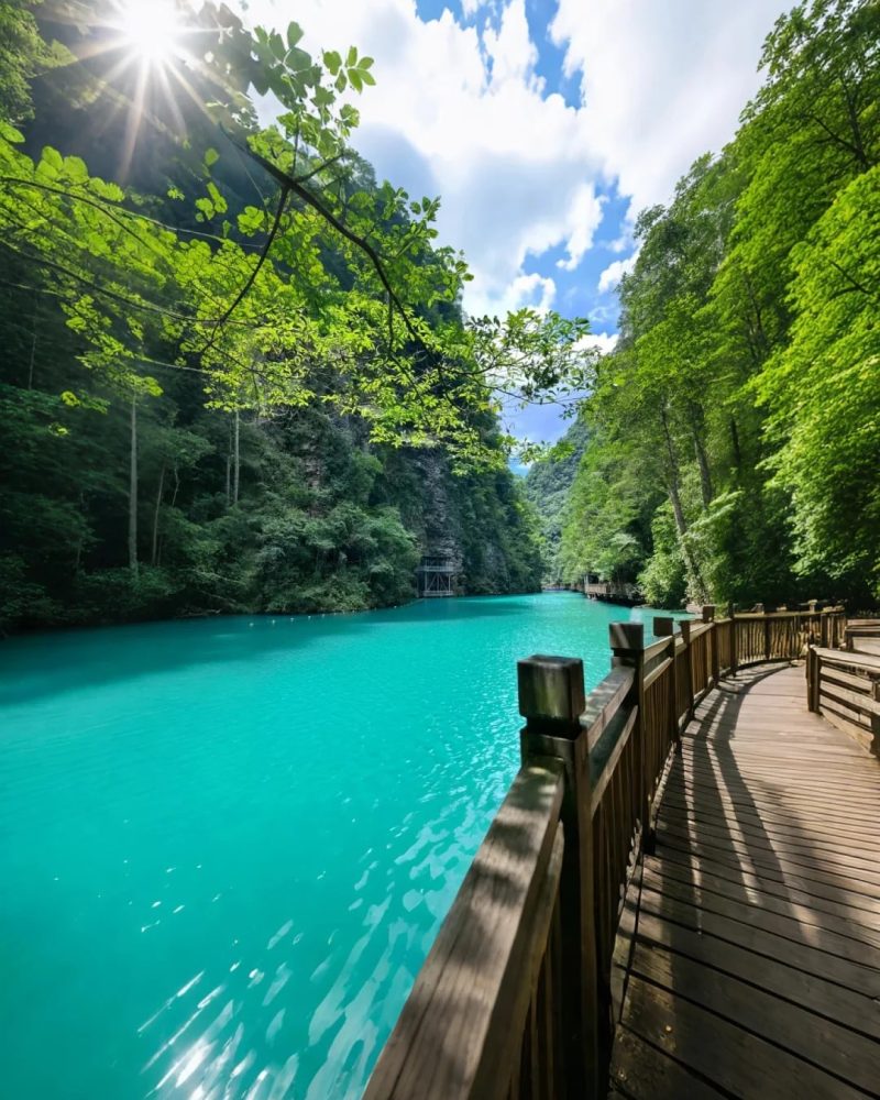 Zhangjiajie Grand Canyon walkway with turquoise river scenery