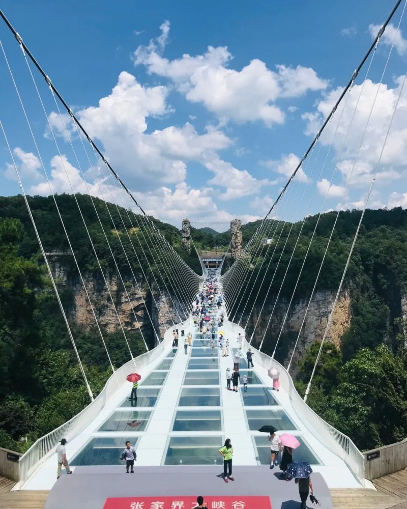 Zhangjiajie Glass Bridge spanning the Grand Canyon above forested cliffs in Hunan, China