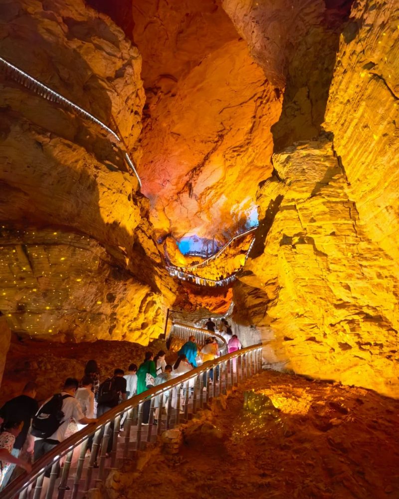 Huanglong Cave karst interior in Zhangjiajie with illuminated formations