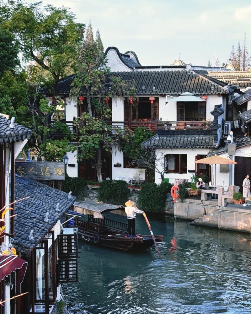 Zhujiajiao water town canal boat near Shanghai with stone bridges